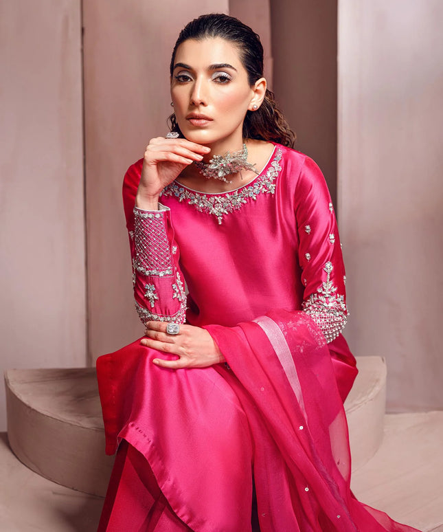 Blush Berry | Hot Pink Silk Tissue Embellished Suit