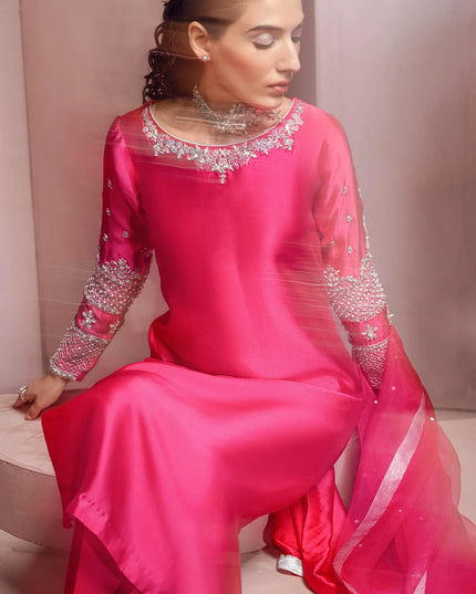 Blush Berry | Hot Pink Silk Tissue Embellished Suit