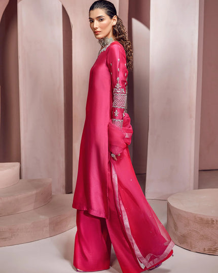 Blush Berry | Hot Pink Silk Tissue Embellished Suit