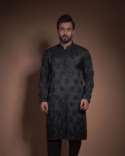 Black Raw Silk Embellished Kurta