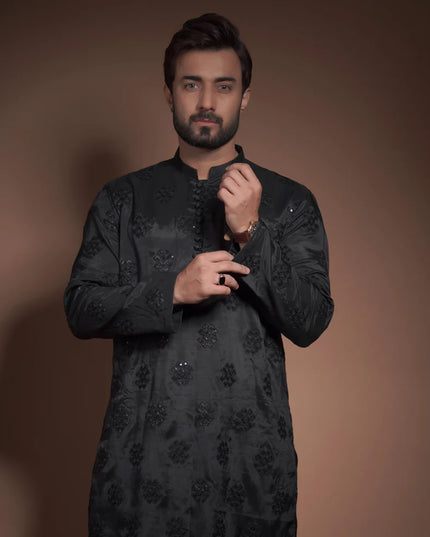 Black Raw Silk Embellished Kurta
