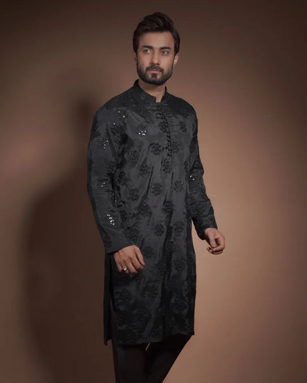 Black Raw Silk Embellished Kurta