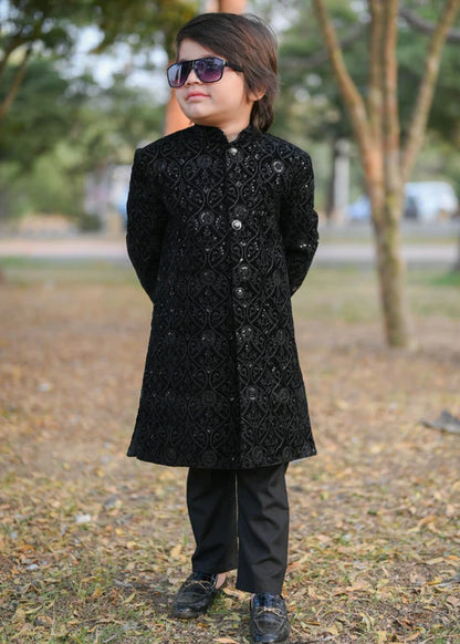 1 Piece | Boys Black Velvet Sequence Shervani