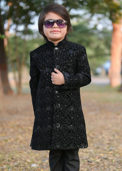 1 Piece | Boys Black Velvet Sequence Shervani
