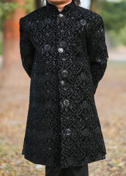 1 Piece | Boys Black Velvet Sequence Shervani