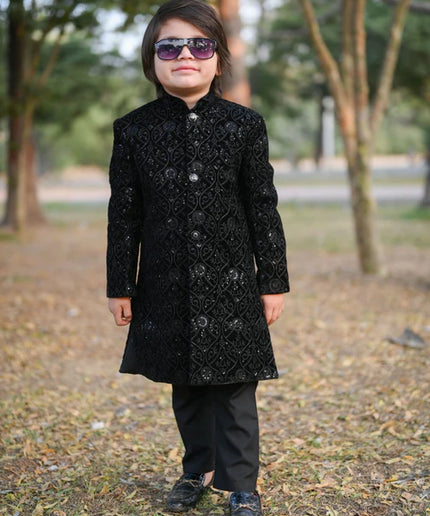 1 Piece | Boys Black Velvet Sequence Shervani