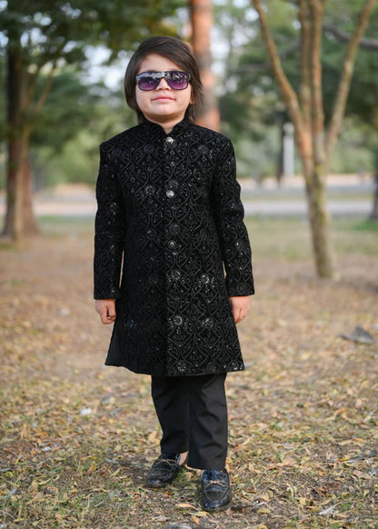 1 Piece | Boys Black Velvet Sequence Shervani