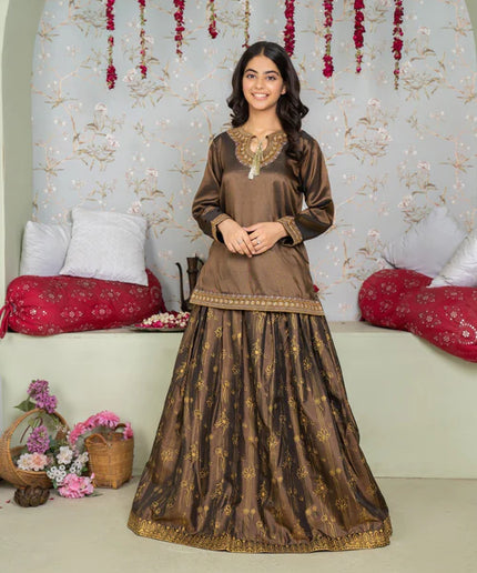 Naina | Girls Bronze Silk Embroidered Lehenga