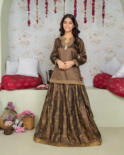 Naina | Girls Bronze Silk Embroidered Lehenga