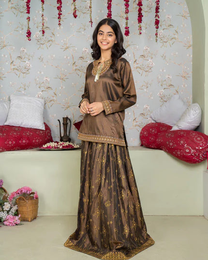Naina | Girls Bronze Silk Embroidered Lehenga