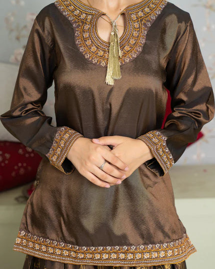 Naina | Girls Bronze Silk Embroidered Lehenga