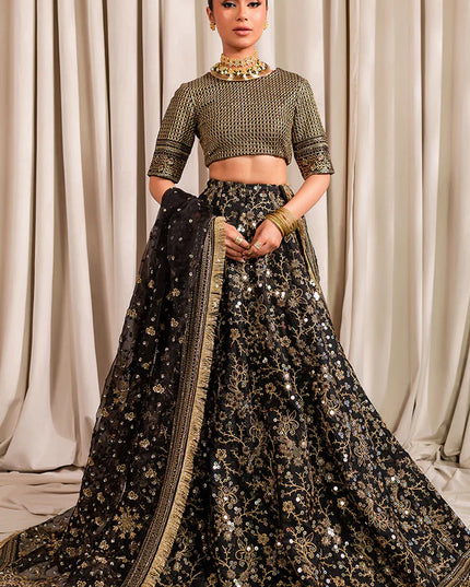 Bulbul | Black Embroidered Silk Lehenga
