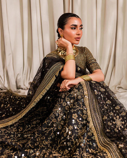 Bulbul | Black Embroidered Silk Lehenga