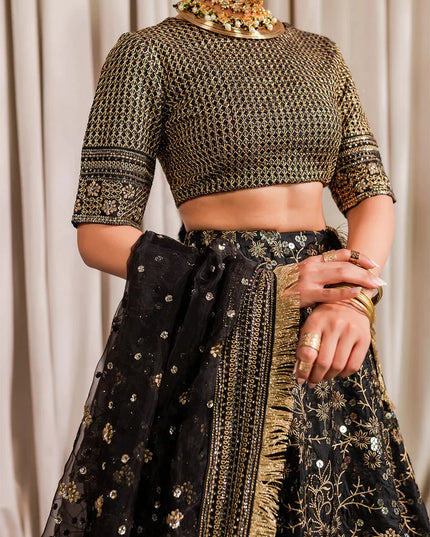 Bulbul | Black Embroidered Silk Lehenga