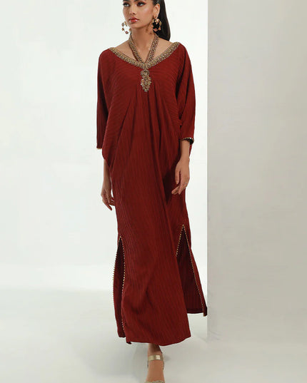 Nomani | Burgundy Embellished Kaftan