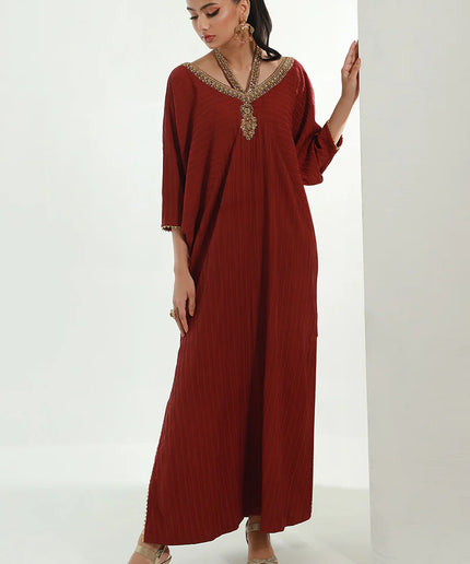 Nomani | Burgundy Embellished Kaftan