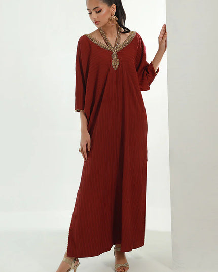 Nomani | Burgundy Embellished Kaftan