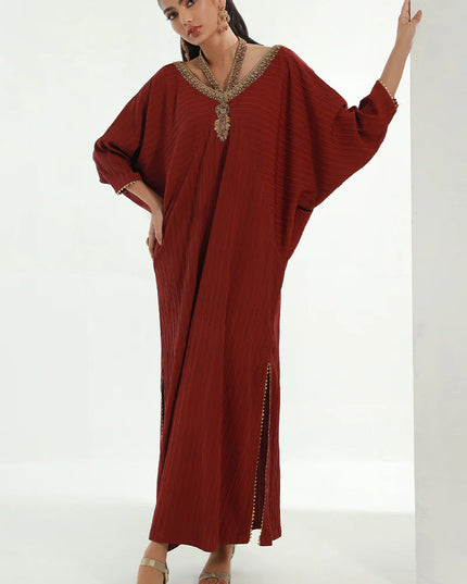 Nomani | Burgundy Embellished Kaftan
