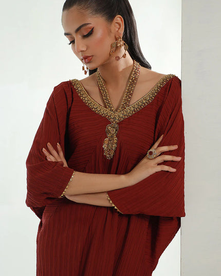 Nomani | Burgundy Embellished Kaftan