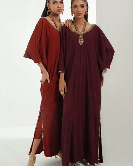 Nomani | Burgundy Embellished Kaftan