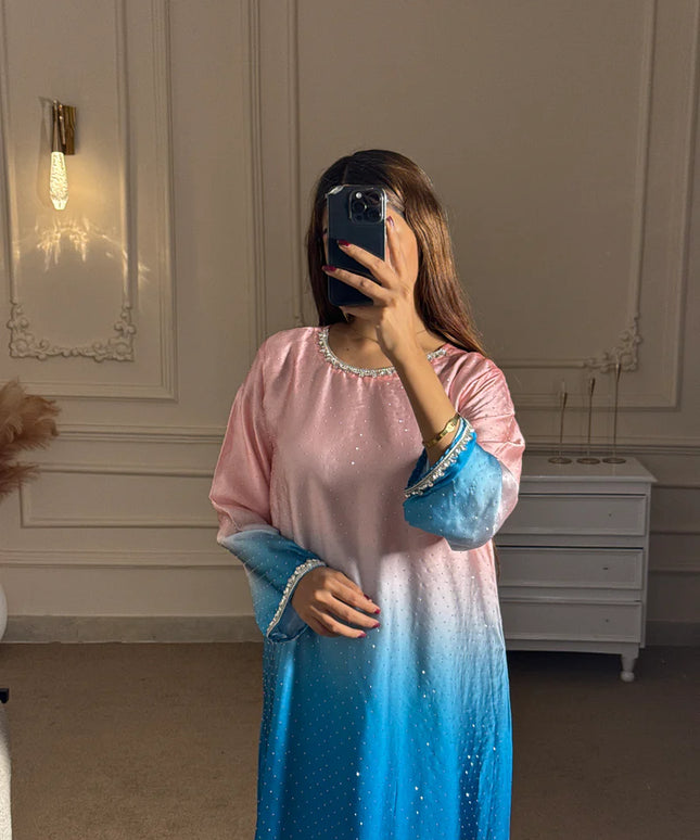 Blush | Ombre Shimmer Pink & Turquoise Blue Embellished Kaftan