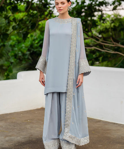 Lana | Sky Blue Embroidered Chiffon Farshi Shalwar Suit