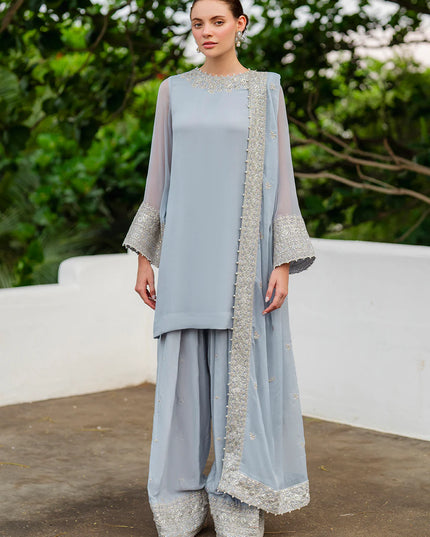 Lana | Sky Blue Embroidered Chiffon Farshi Shalwar Suit