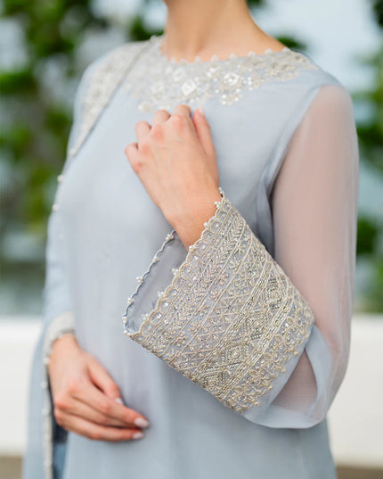 Lana | Sky Blue Embroidered Chiffon Farshi Shalwar Suit