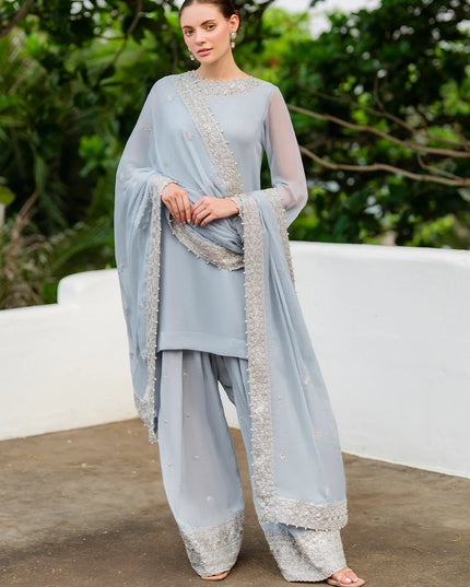 Lana | Sky Blue Embroidered Chiffon Farshi Shalwar Suit