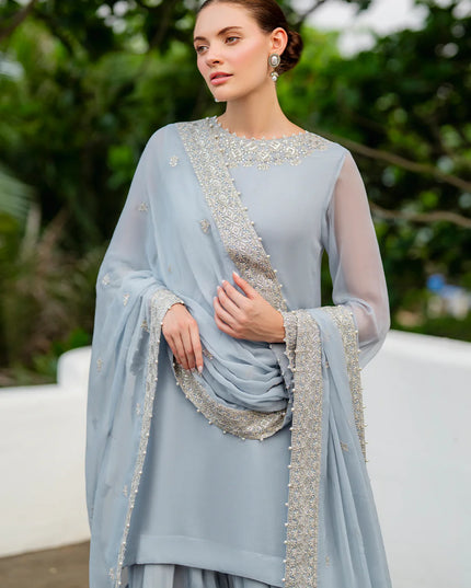 Lana | Sky Blue Embroidered Chiffon Farshi Shalwar Suit