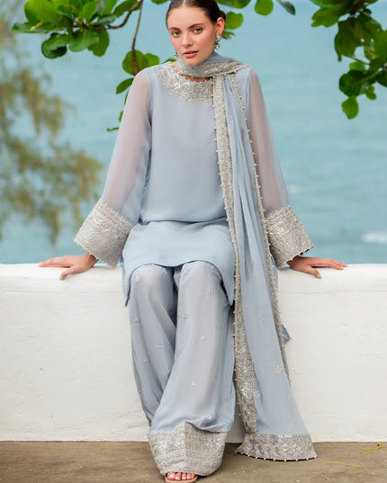 Lana | Sky Blue Embroidered Chiffon Farshi Shalwar Suit
