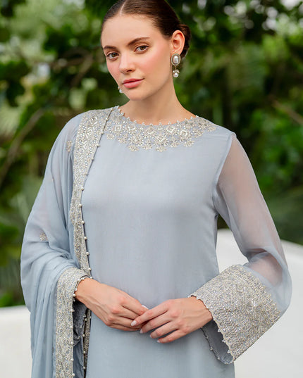 Lana | Sky Blue Embroidered Chiffon Farshi Shalwar Suit