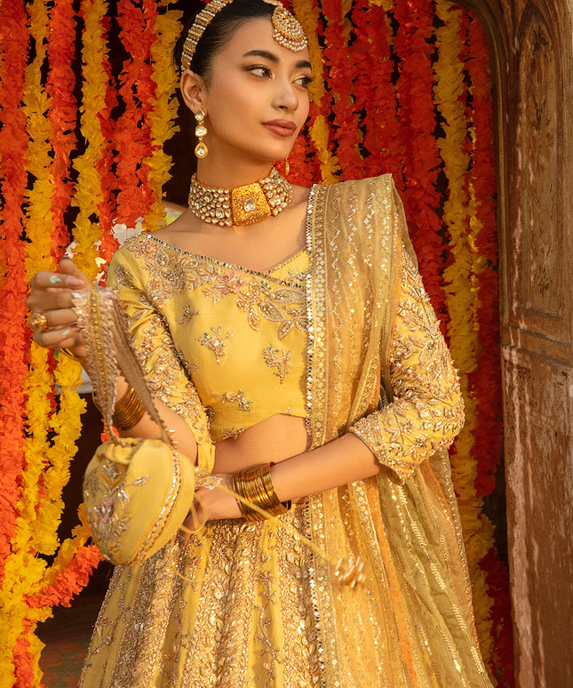 CHIRAGH | Yellow Raw Silk Embellished Lehenga Choli