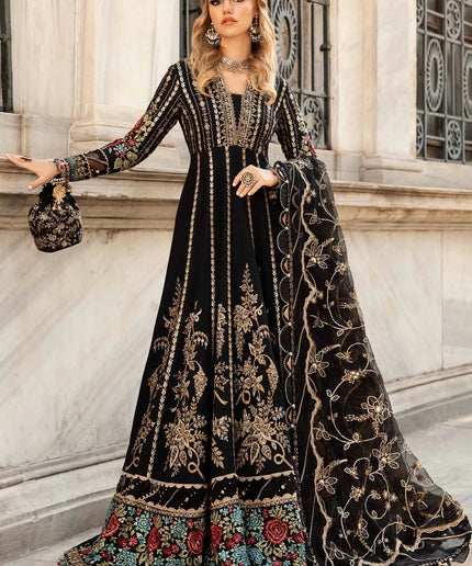 Maria B | Black Embroidered Hand Embellished Cotton Satin Maxi