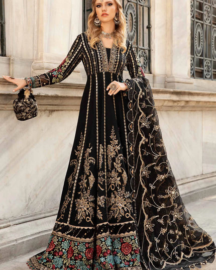 Maria B | Black Embroidered Hand Embellished Cotton Satin Maxi