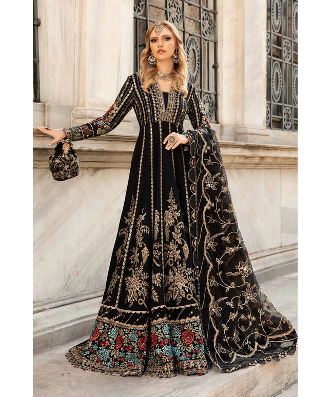 Maria B | Black Embroidered Hand Embellished Cotton Satin Maxi