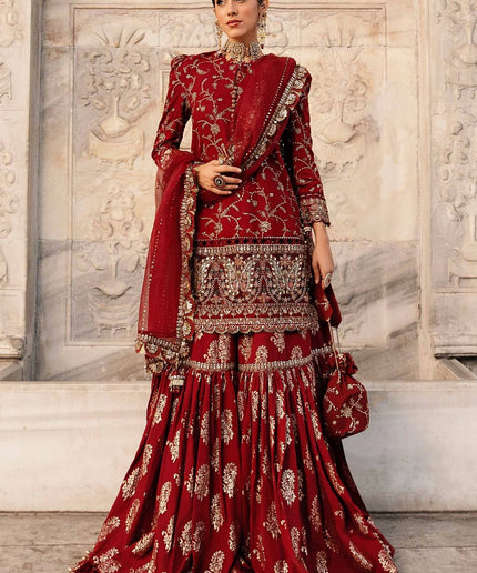 Maria B | Maroon Embroidered Embellished Cotton Jacquard Gharara