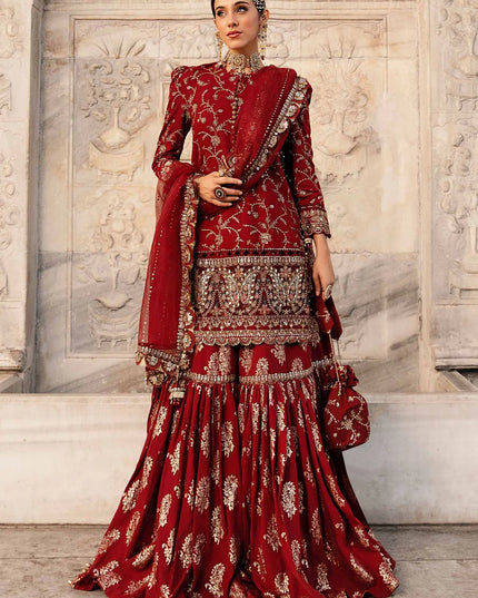 Maria B | Maroon Embroidered Embellished Cotton Jacquard Gharara