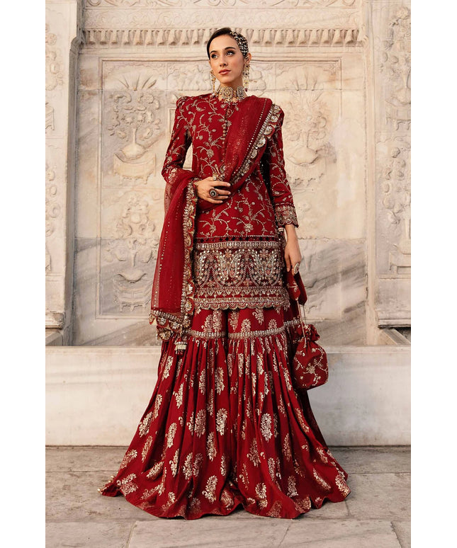 Maria B | Maroon Embroidered Embellished Cotton Jacquard Gharara