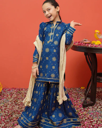 Sara | Girls Blue Printed Cambric Gharara