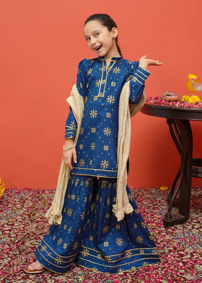 Sara | Girls Blue Printed Cambric Gharara