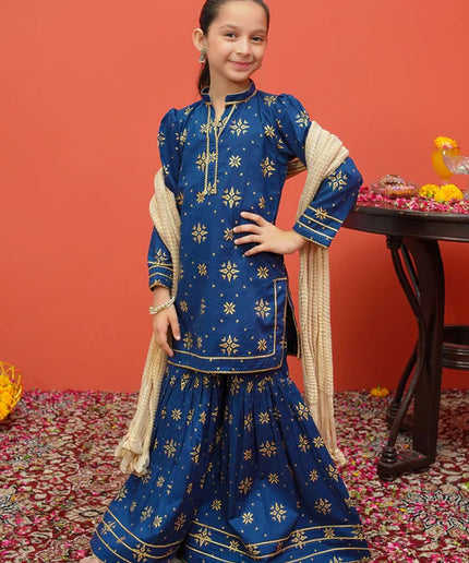 Sara | Girls Blue Printed Cambric Gharara