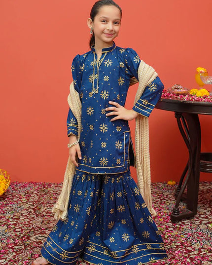 Sara | Girls Blue Printed Cambric Gharara
