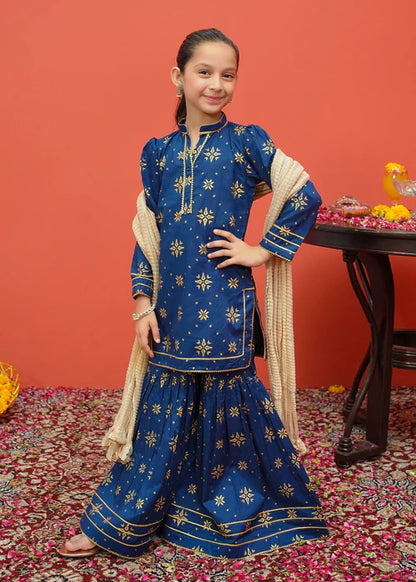 Sara | Girls Blue Printed Cambric Gharara