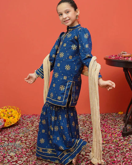 Sara | Girls Blue Printed Cambric Gharara