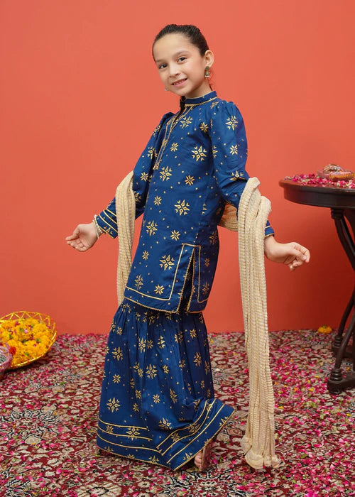 Sara | Girls Blue Printed Cambric Gharara