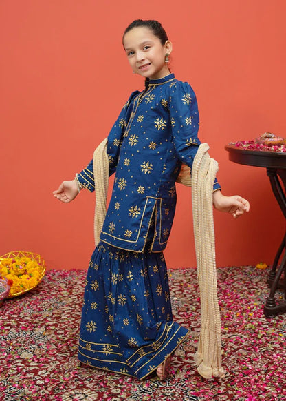 Sara | Girls Blue Printed Cambric Gharara