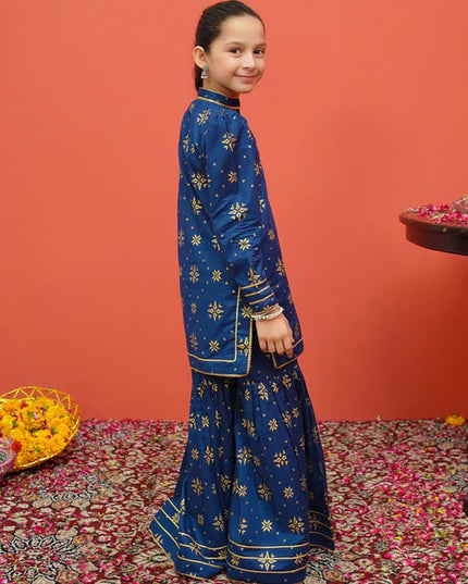 Sara | Girls Blue Printed Cambric Gharara