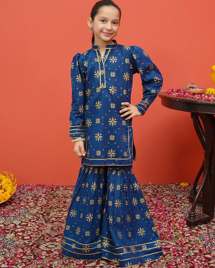 Sara | Girls Blue Printed Cambric Gharara