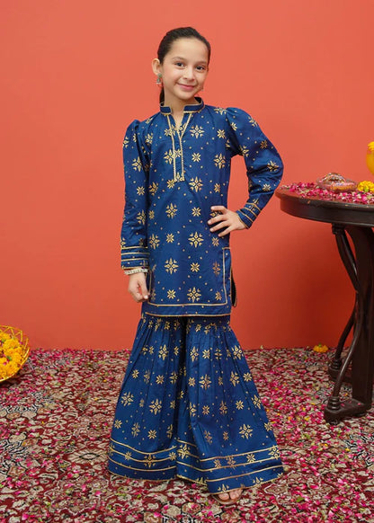 Sara | Girls Blue Printed Cambric Gharara